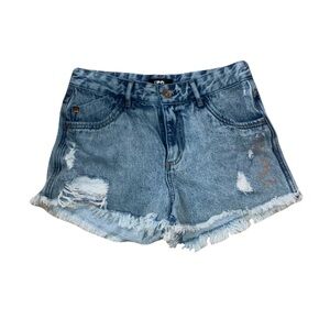 Frayed Hem Distressed Women's Denim Shorts - Blue